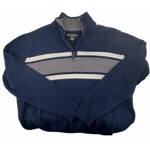 Eddie Bauer Men’s XL Quarter Zip Sweater Navy Gray Chest Stripe 100% Cotton